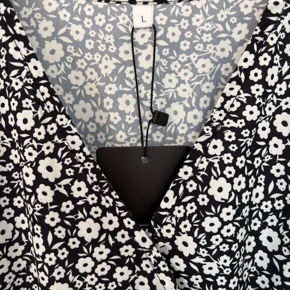 Women’s Black Floral Pleated Midi Dress V-Neck Puff Sleeve Size L New - Picture 5 of 12